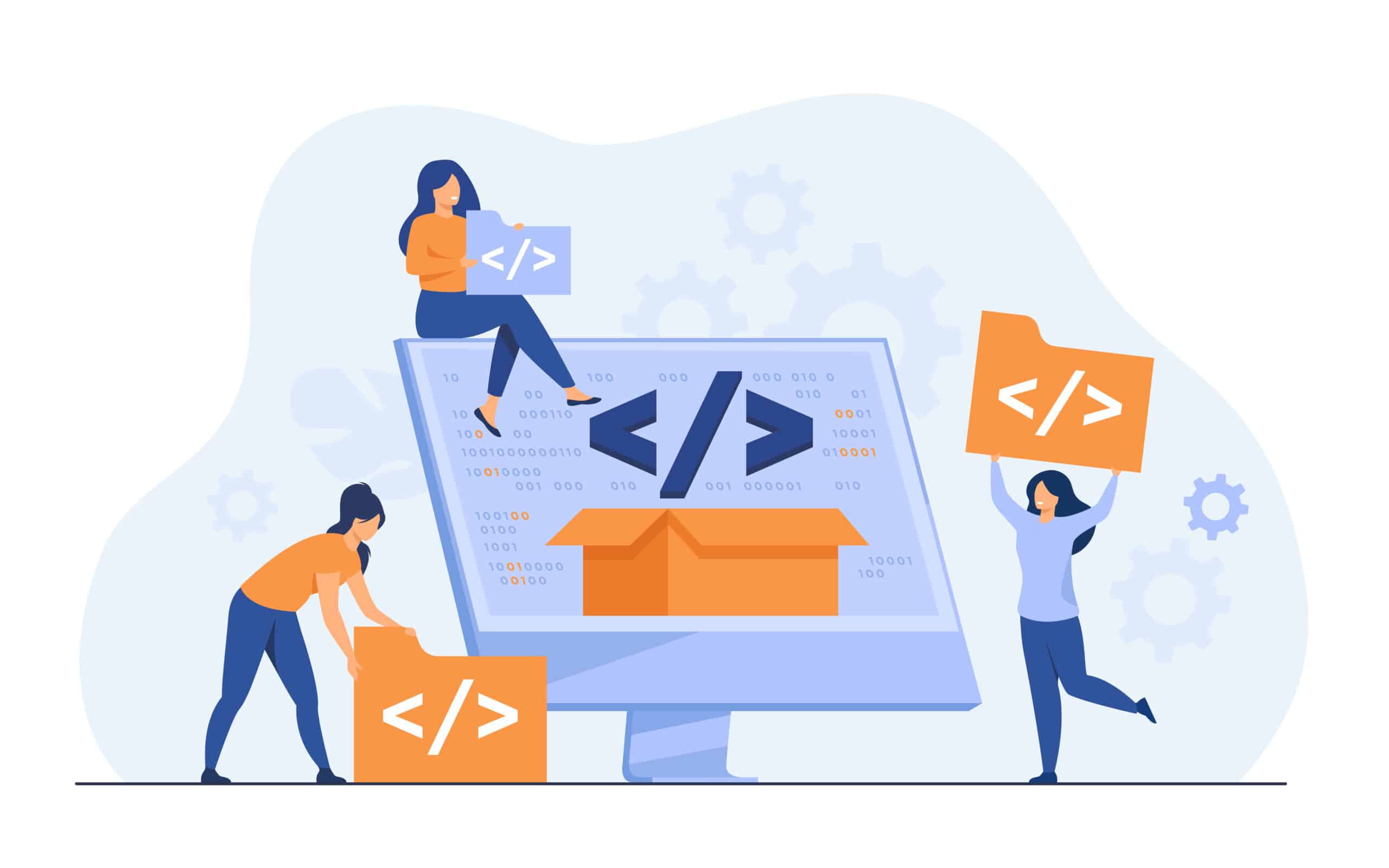 HTML Amazon product description line break: A vector of tiny cartoon programmers near a screen with open code or script.