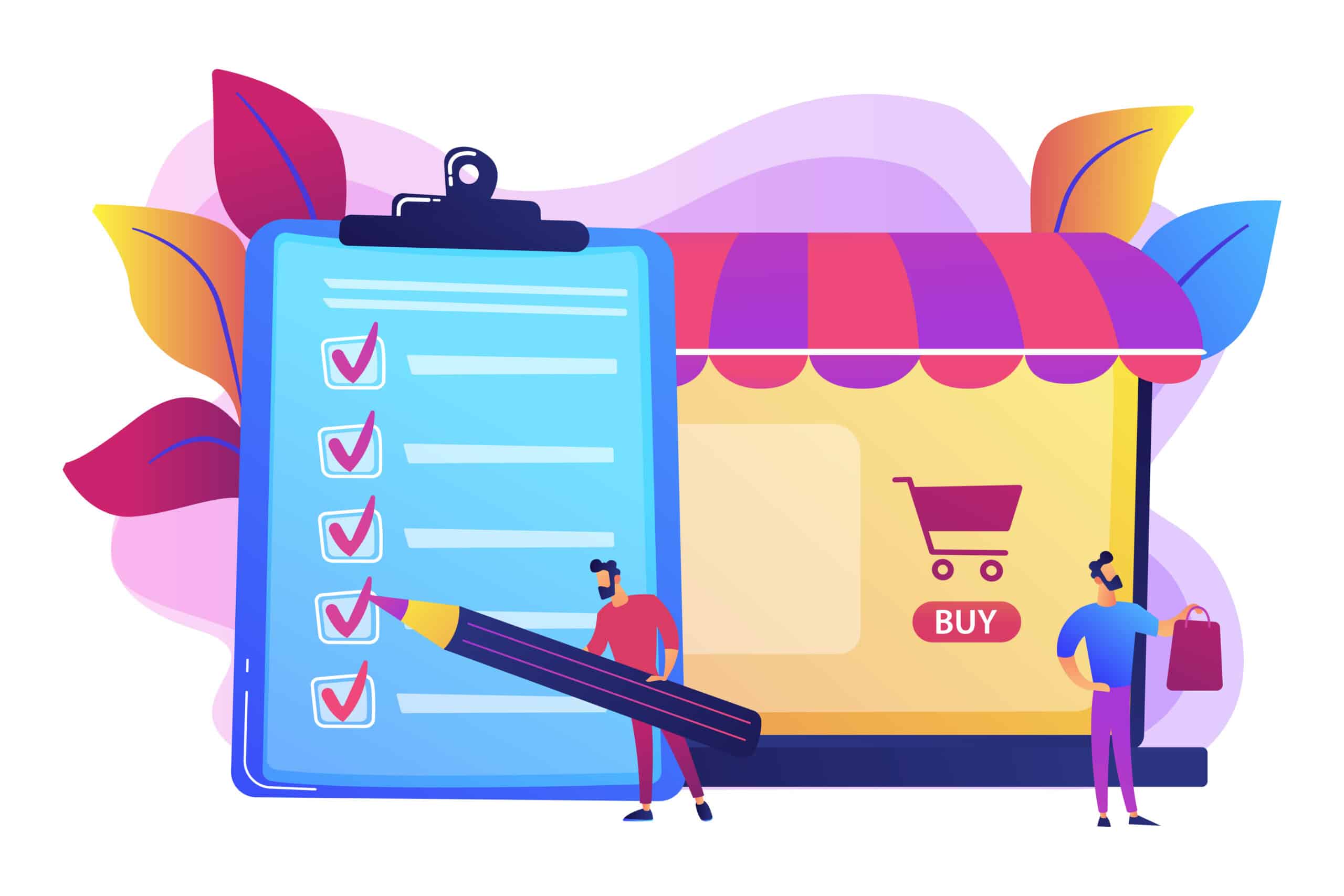 A colorful illustration of a man making a checklist, followed by him holding a bag in front of a store with a shopping cart icon.