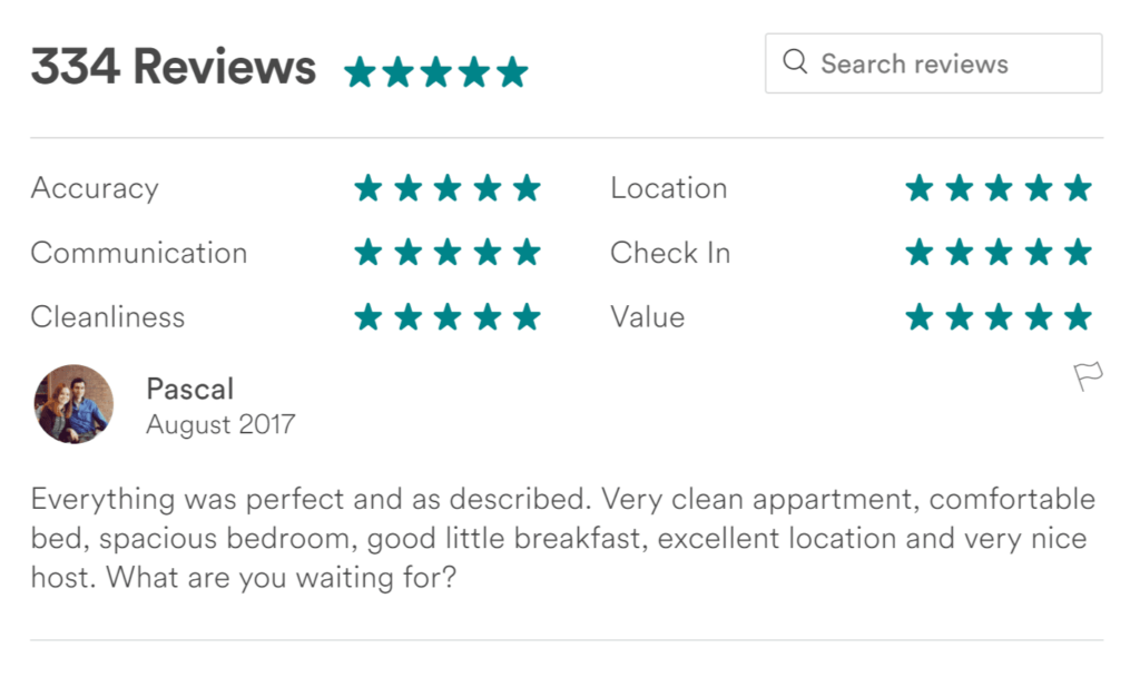 An Airbnb listing's guest review section shows 334 reviews, including a positive review from a guest named Pascal.