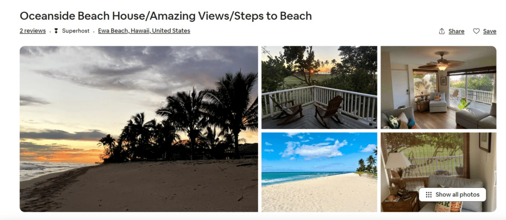 An Airbnb title example for an Airbnb listing in Ewa Beach, Hawaii. 