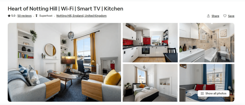 An Airbnb title example for an Airbnb listing in Notting Hill, England. 