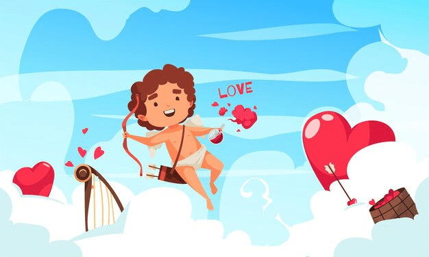 A vector image of Cupid flying in the clouds, shooting arrows of love.