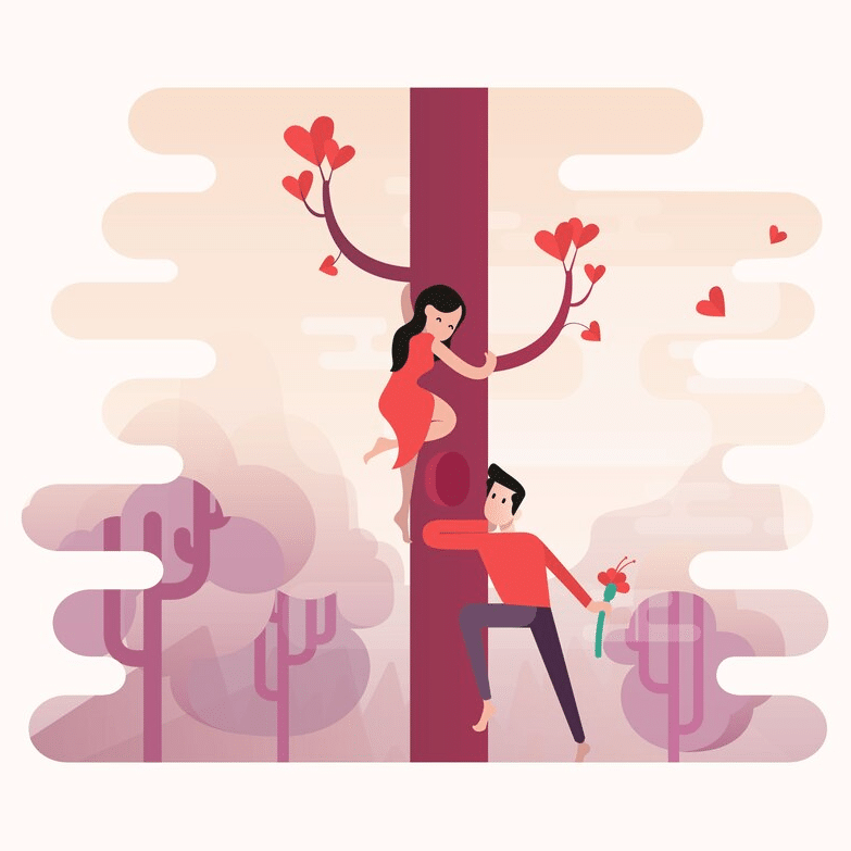 A vector illustration of a man holding flowers chasing a woman up a tree with hearts.