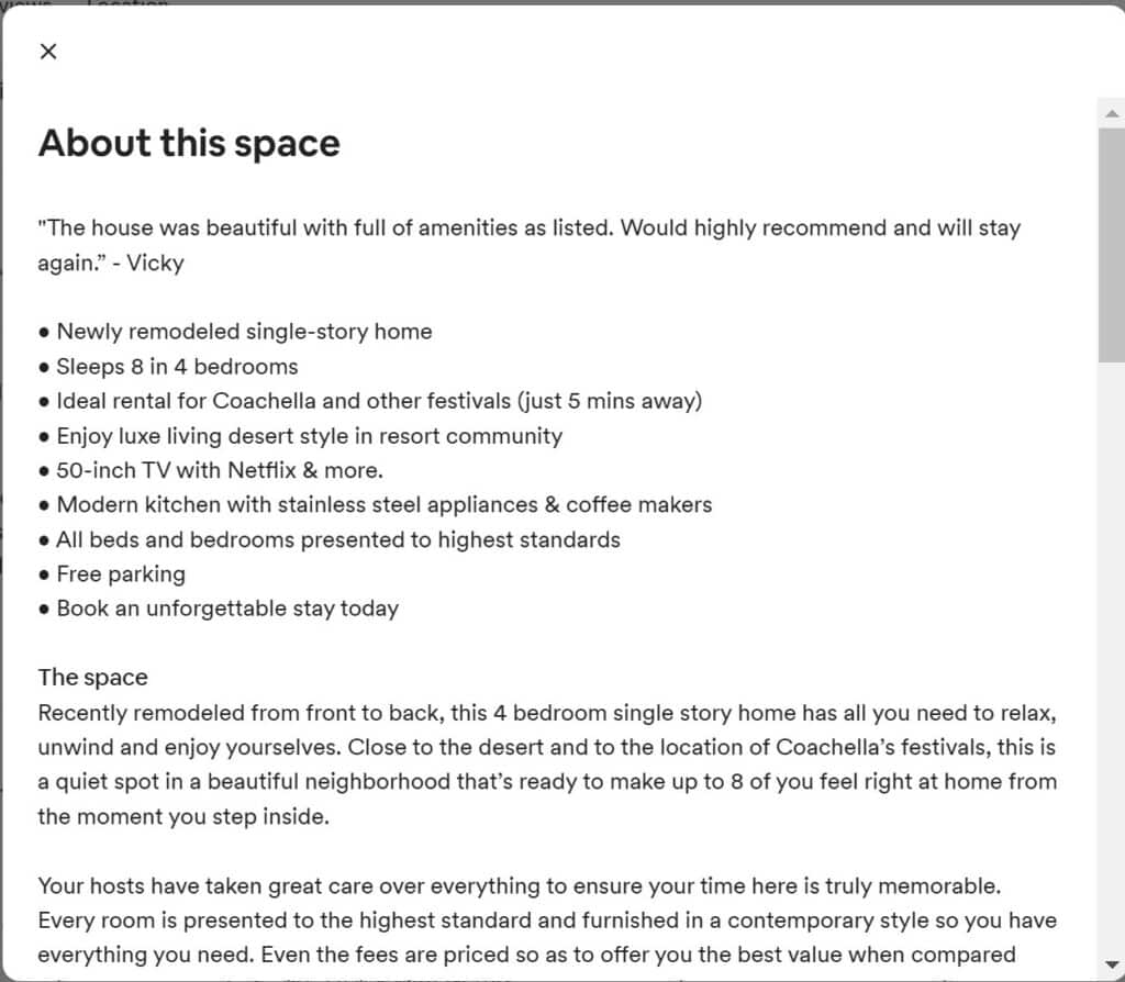 An Airbnb description that effectively describes the amenities and features of the vacation rental.