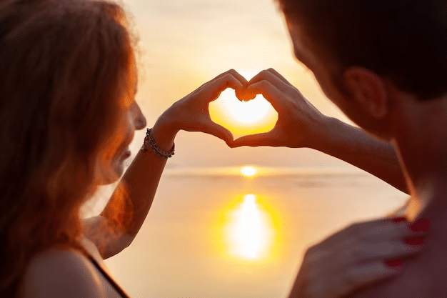 A young couple on the beach together, looking at the sunset, creating a heart shape with their hands against the sun.