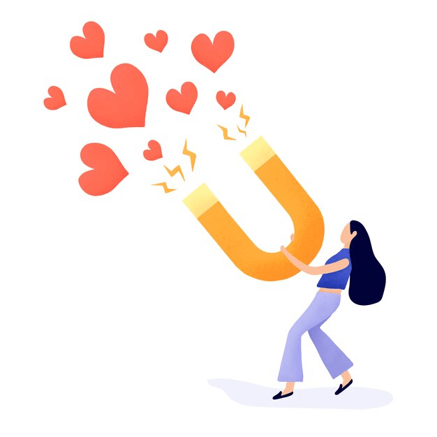A vector of a woman holding a large magnet that attracts a bunch of hearts.