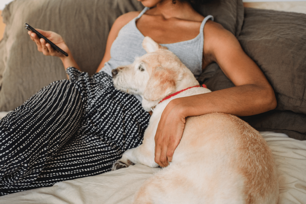 Woman with a smartphone embracing her dog lying on a bed.