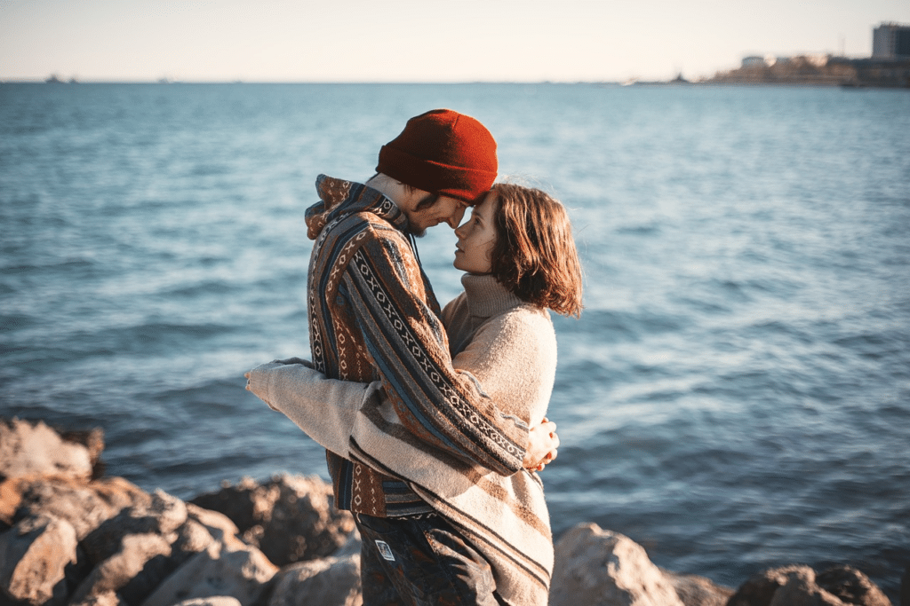 Man and woman hugging each other while standing by the sea.