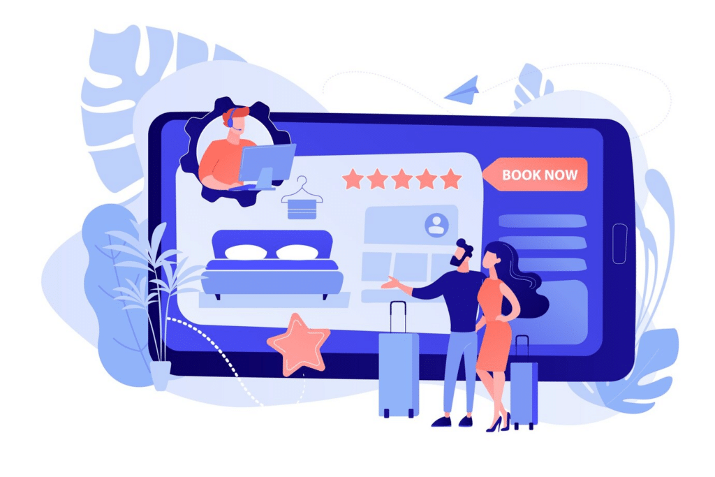 Vector illustration of a couple with luggage standing in front of a large phone screen reviewing a listing to book.