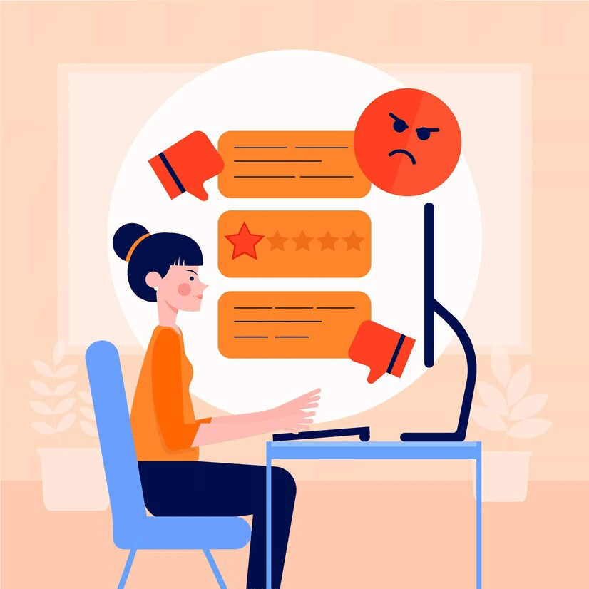 A vector illustration of a young woman typing a negative guest review on her laptop, with 1-star and negative emoji signs above her.