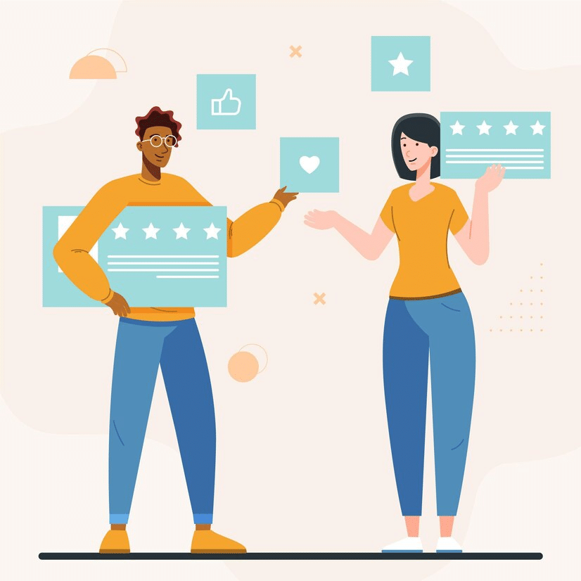 How to write a review on Airbnb: A vector illustration of two people holding star ratings and review bubbles.