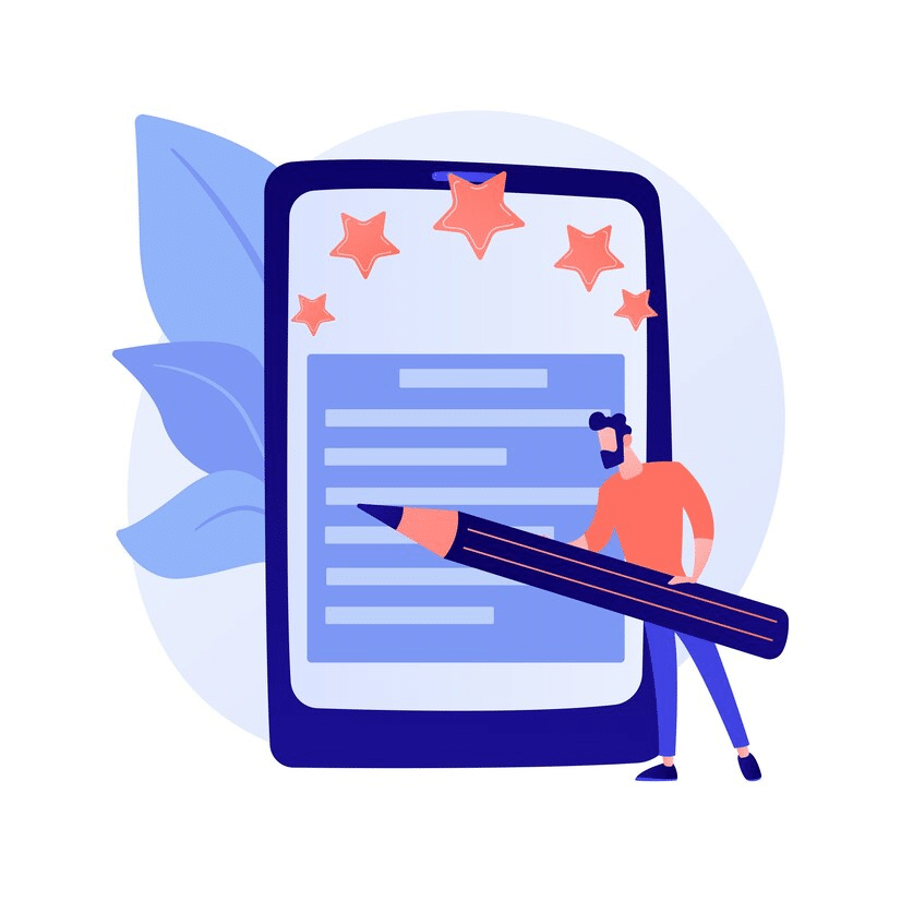 A vector illustration of a man holding a large pencil, writing a guest review with star ratings above it on a large tablet.