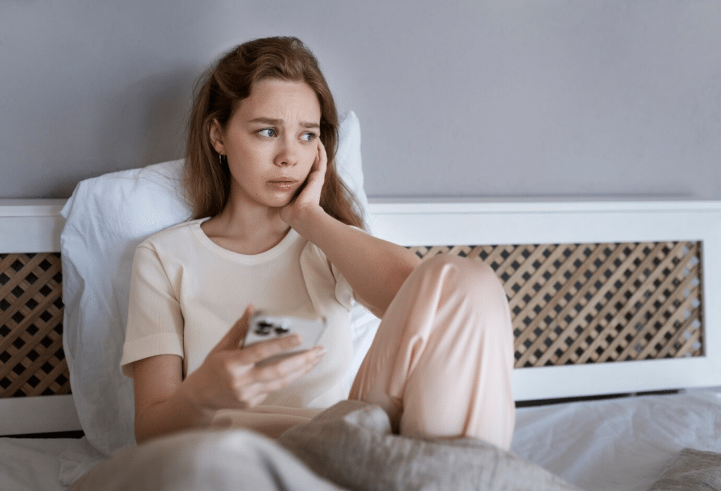 A young girl sitting in her bed, holding her phone, appears worried as she contemplates something.